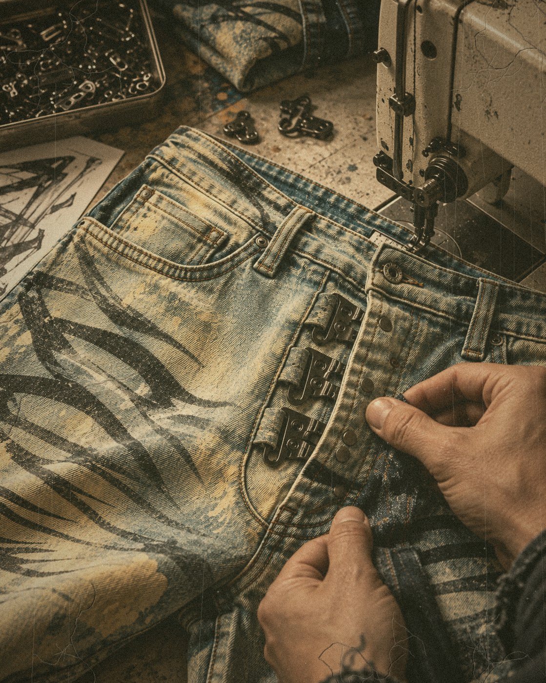 Hands working distressed, washed denim at a studio table