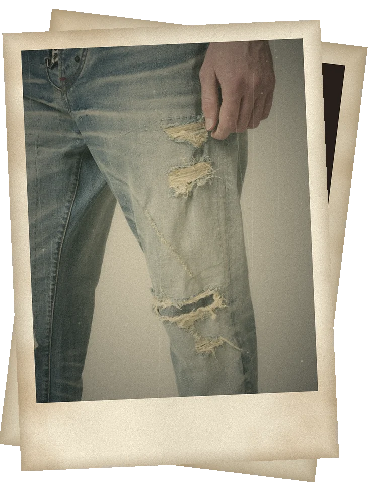 Ground-through knee on light-wash denim