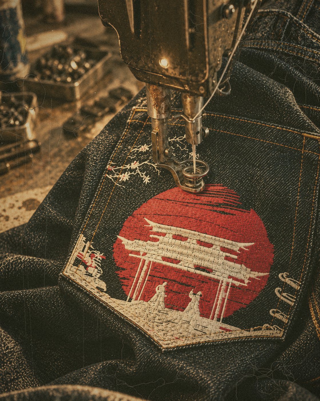 Sewing-machine needle embroidering a rising sun onto a denim back pocket
